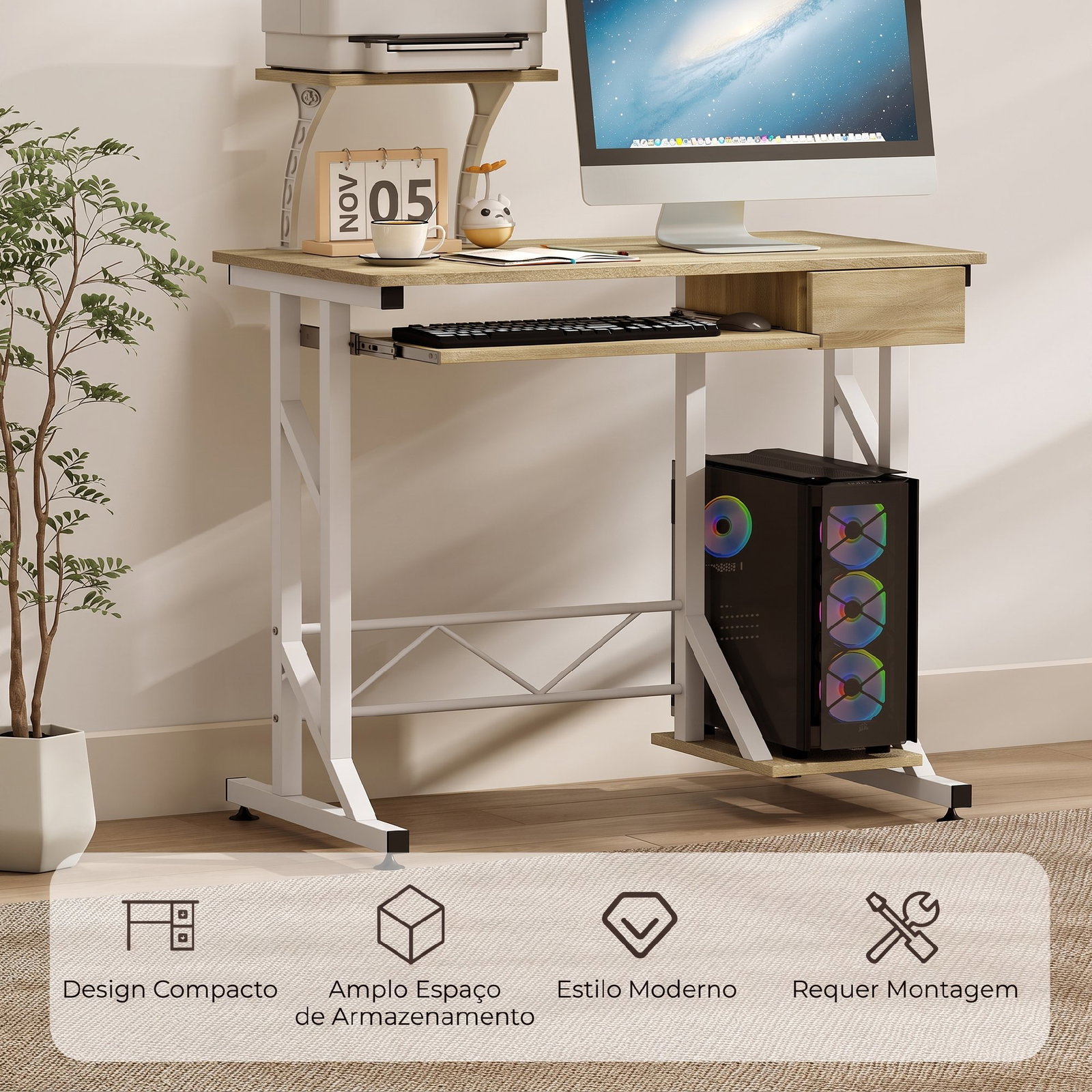 Secretária para computador com bandeja para teclado e gaveta, mesa de estudo para escritório, 90x50x100 cm, carvalho
