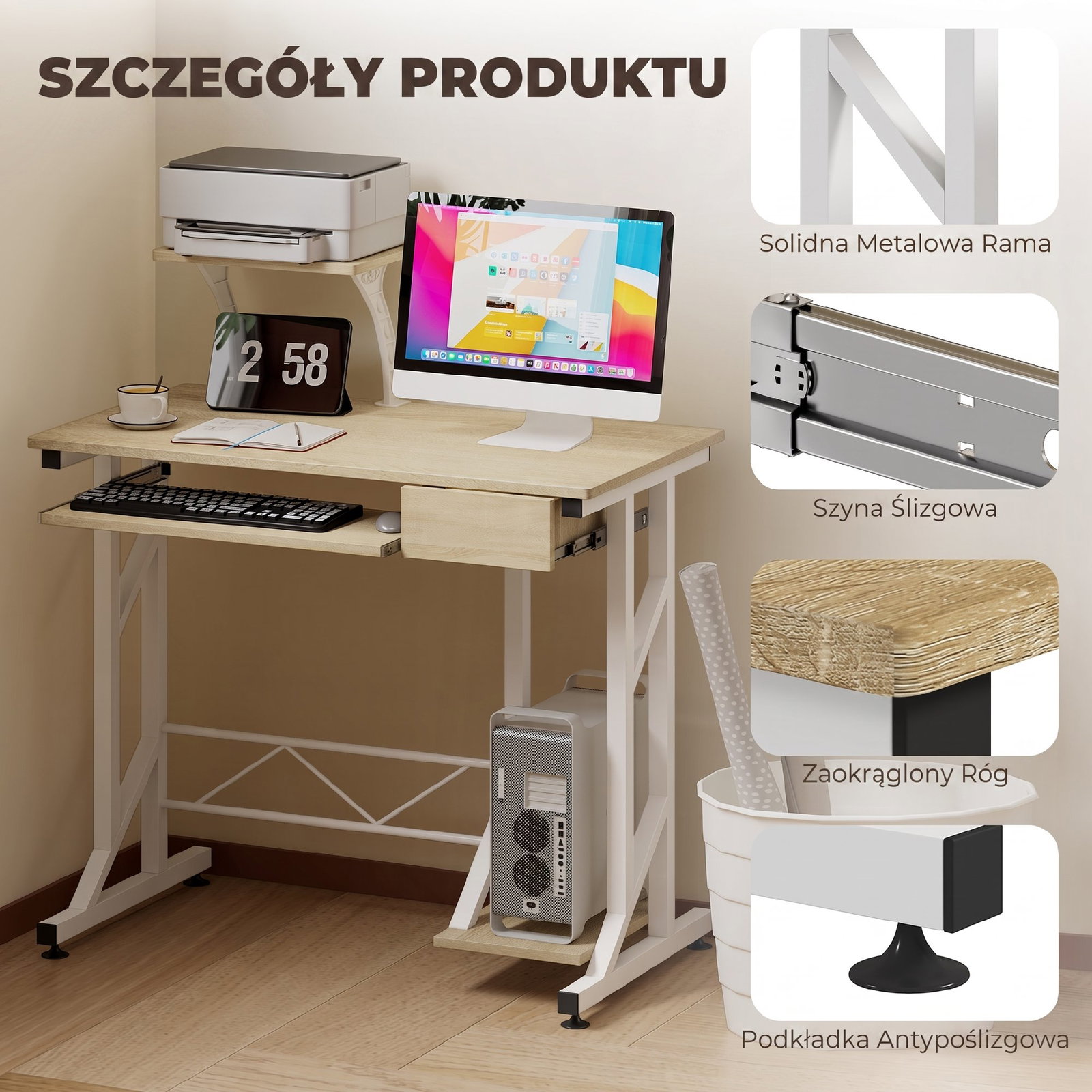 Secretária para computador com bandeja para teclado e gaveta, mesa de estudo para escritório, 90x50x100 cm, carvalho