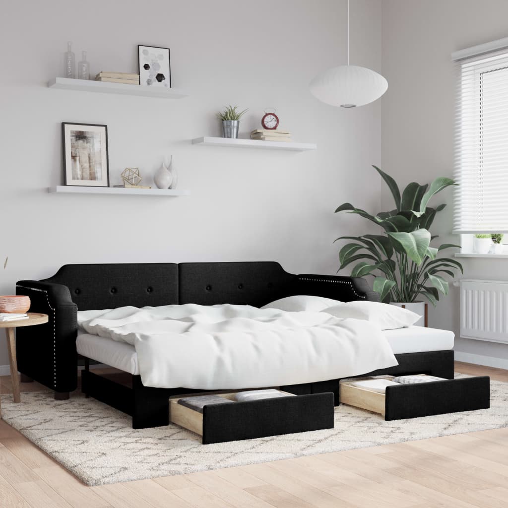 Sofá-cama com gavetão e gavetas 90x190 cm tecido preto
