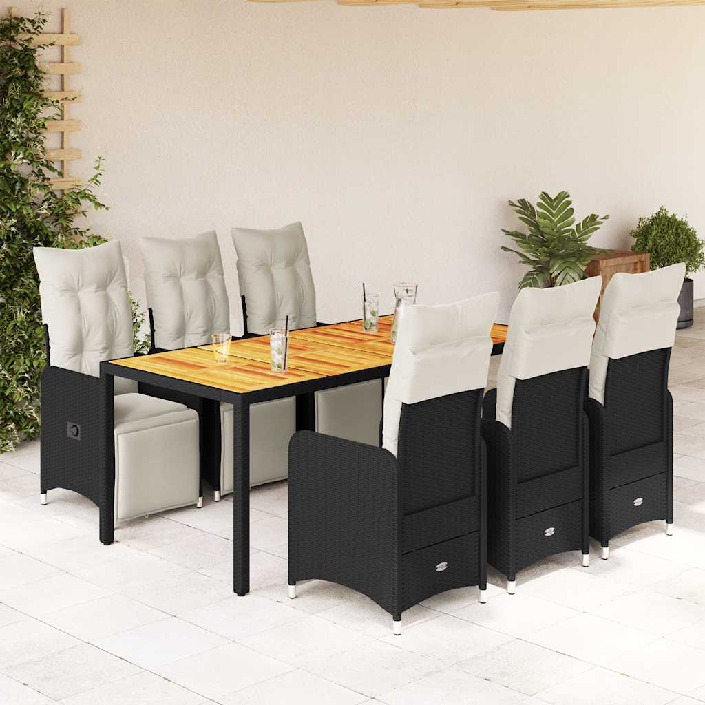 7 Pcs conjunto de bistrô p/ jardim c/ almofadões vime PE preto