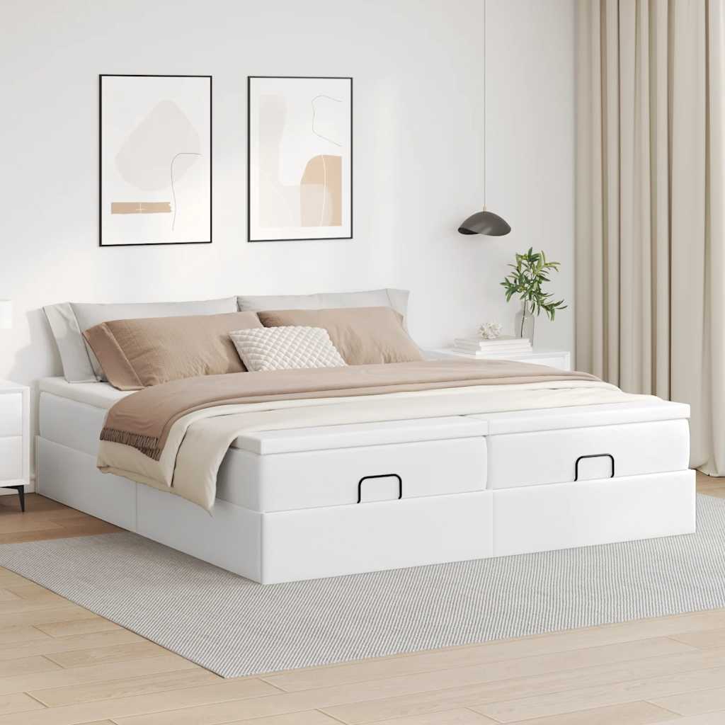 Estrutura de cama otomana com colchão branco couro falso
