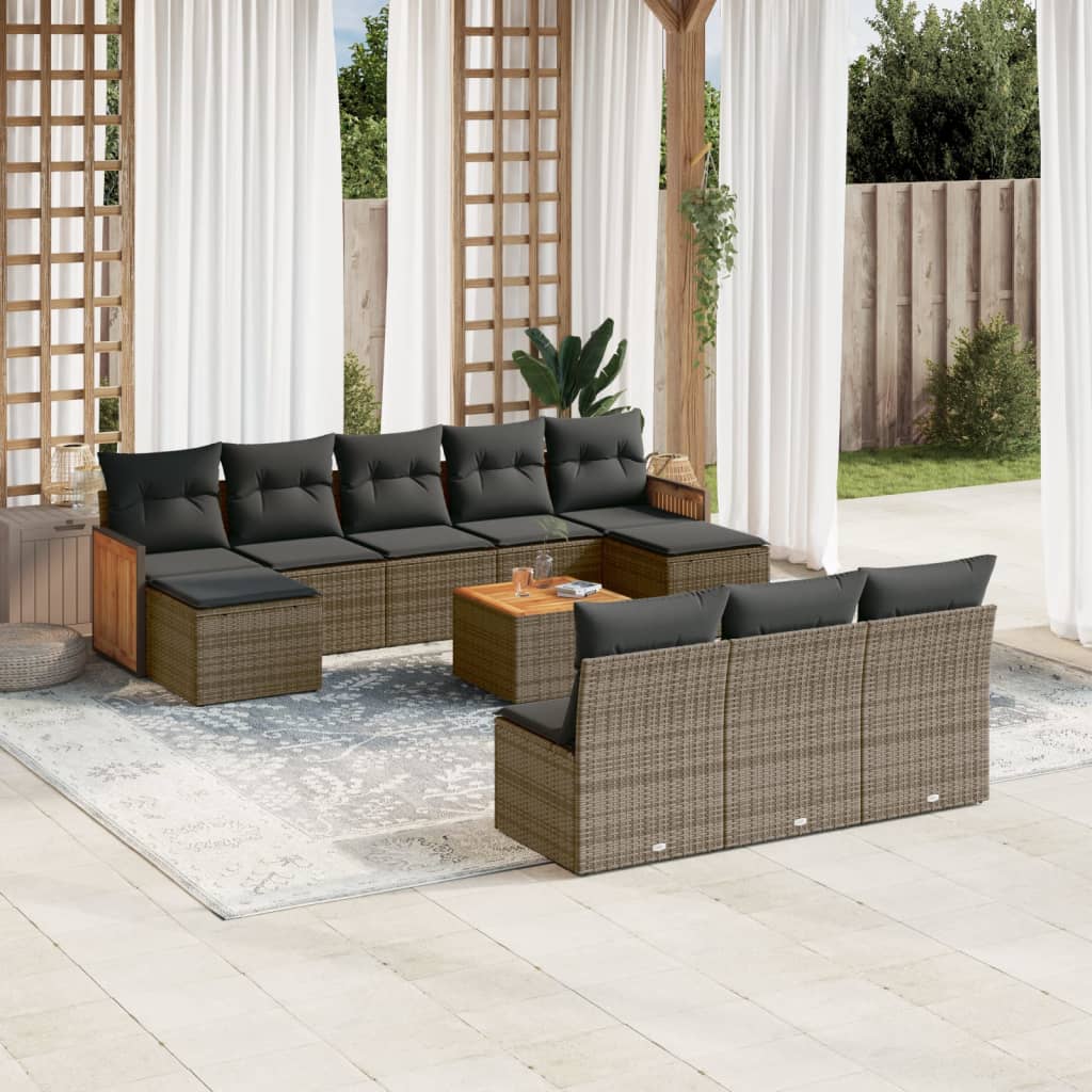 11 Pcs conjunto sofás de jardim c/ almofadões vime PE cinzento