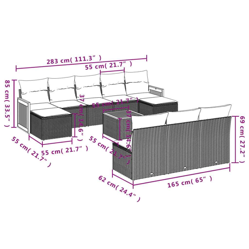11 Pcs conjunto sofás de jardim c/ almofadões vime PE cinzento
