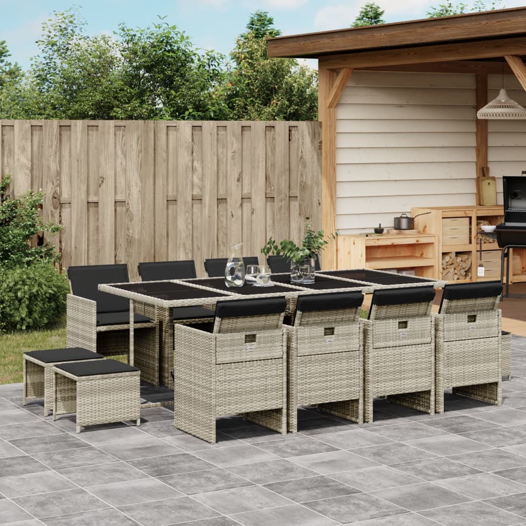 13 Pcs conj. jantar jardim c/ almofadões vime PE cinzento-claro