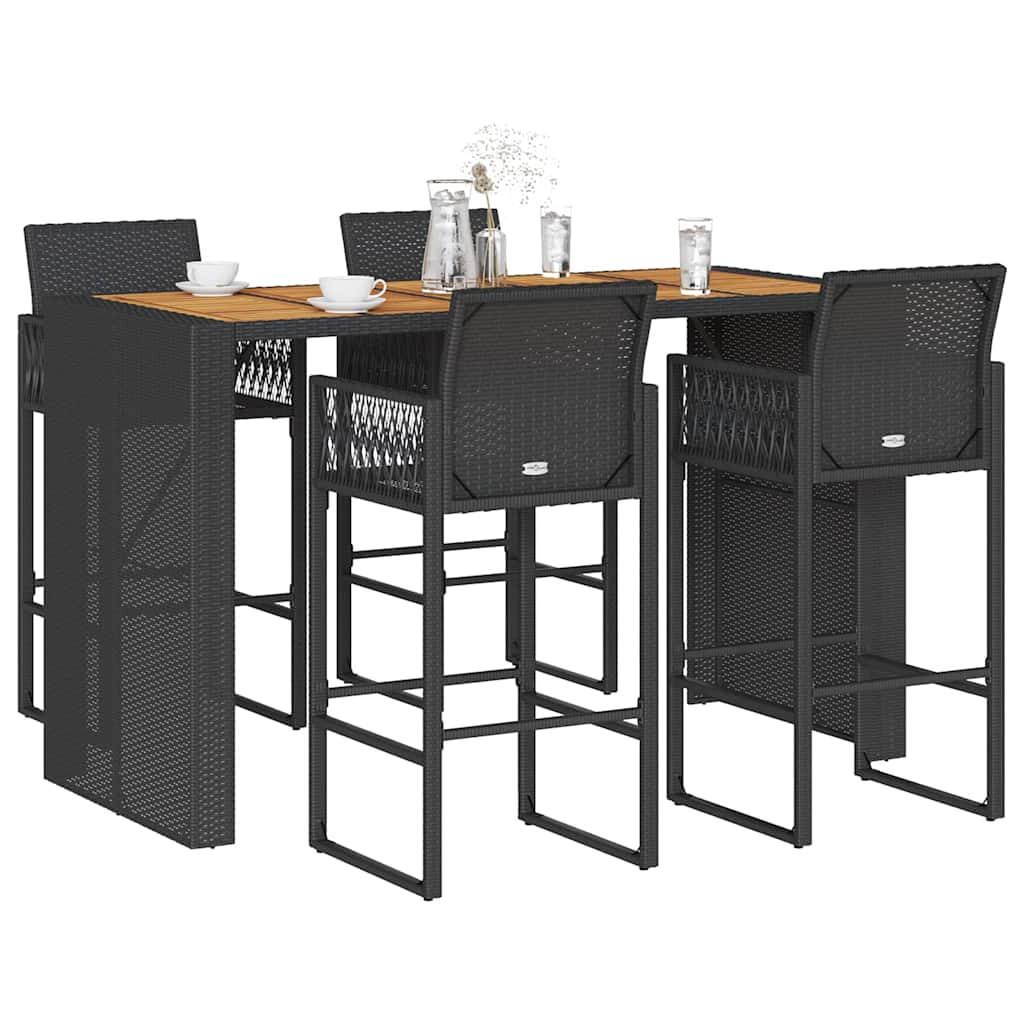 5 Pcs conj. de bar jardim sem almofadões vime PE/acácia preto