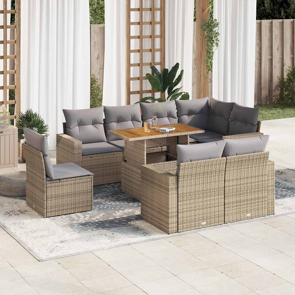 9 Pcs conjunto de sofás p/ jardim com almofadões vime PE bege