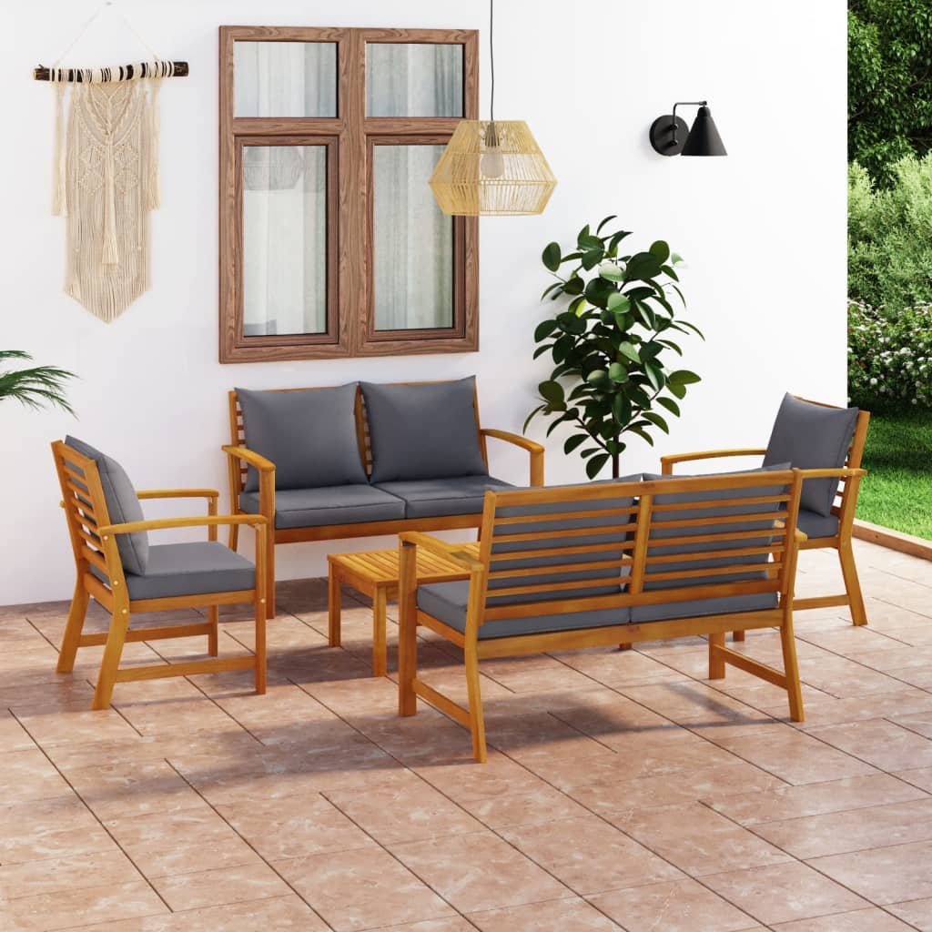 5 Pcs conjunto lounge de jardim c/ almofadões acácia maciça