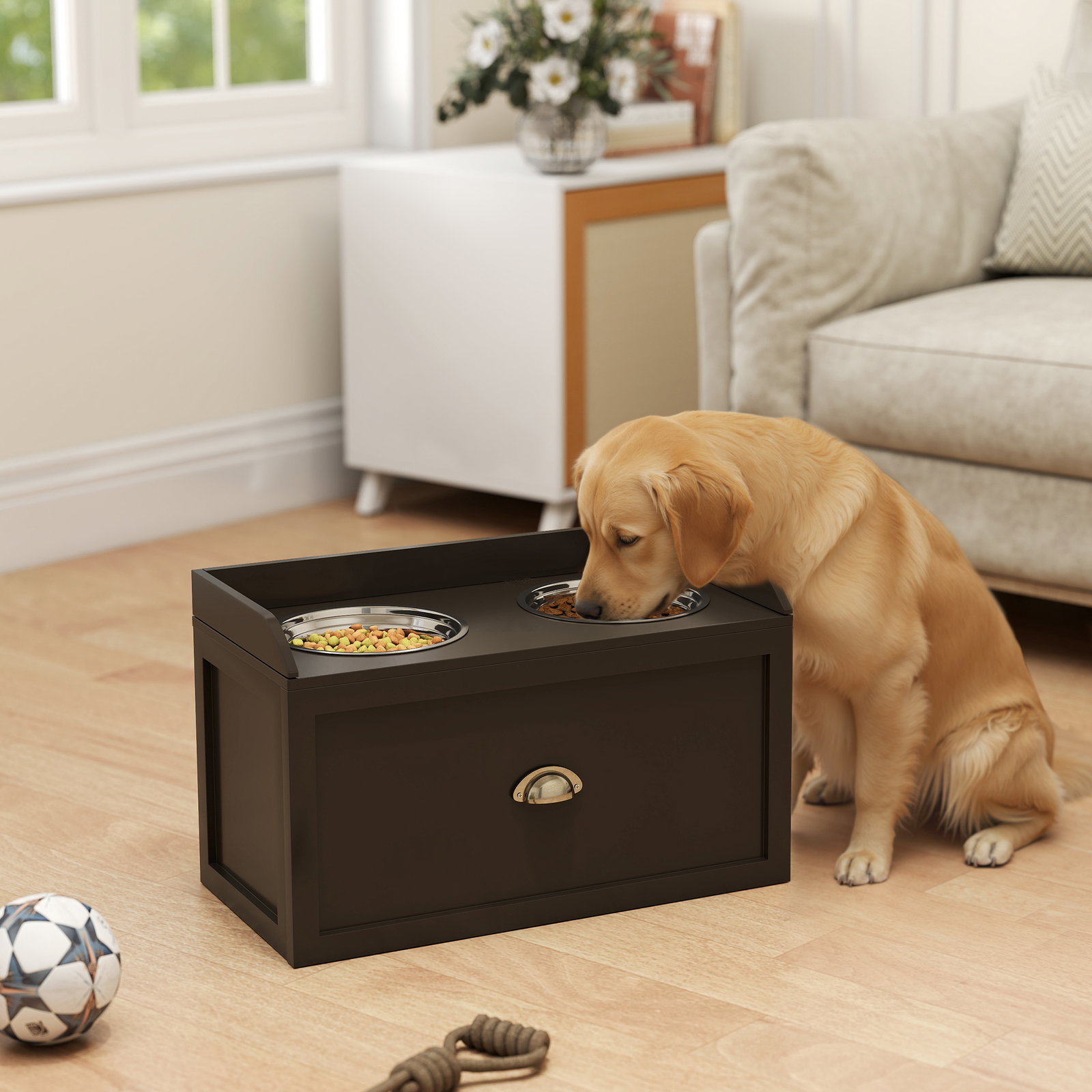 Comedouro elevado para cães com 2 tigelas 2000ml de aço inoxidável gaveta oculta com suporte de madeira 60x30x36cm marrom escuro