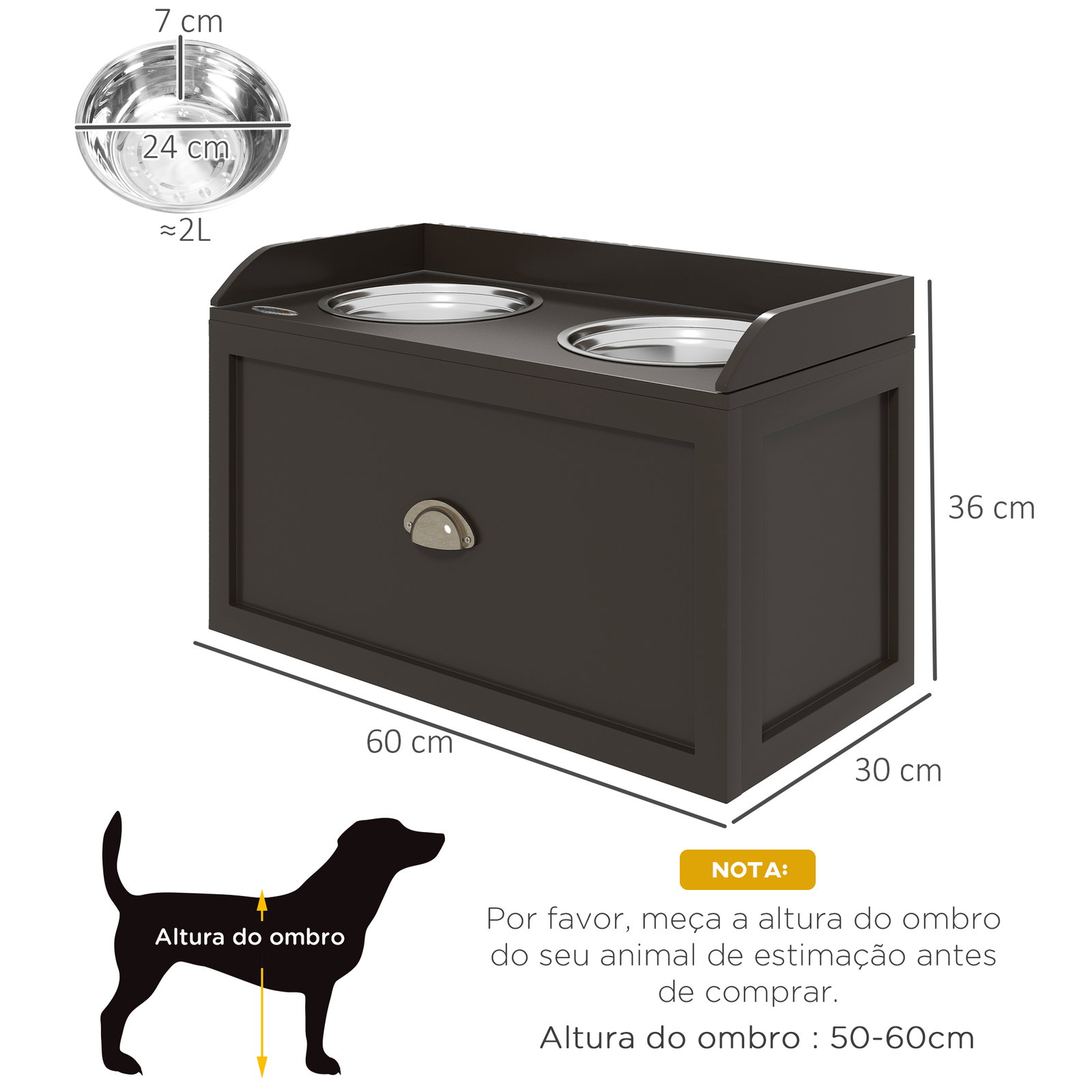 Comedouro elevado para cães com 2 tigelas 2000ml de aço inoxidável gaveta oculta com suporte de madeira 60x30x36cm marrom escuro