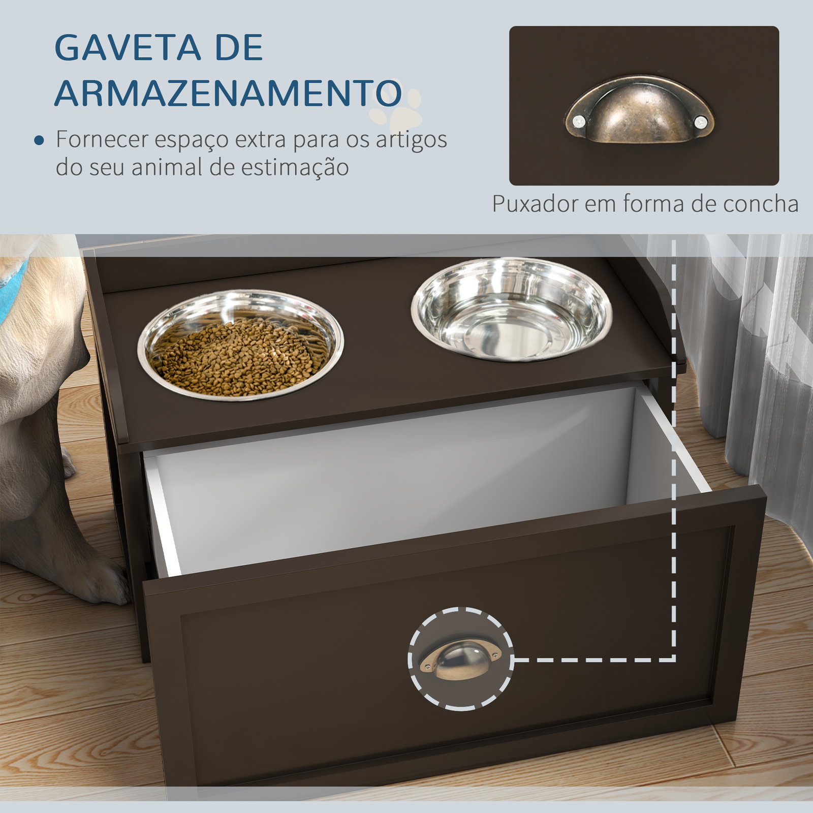 Comedouro elevado para cães com 2 tigelas 2000ml de aço inoxidável gaveta oculta com suporte de madeira 60x30x36cm marrom escuro