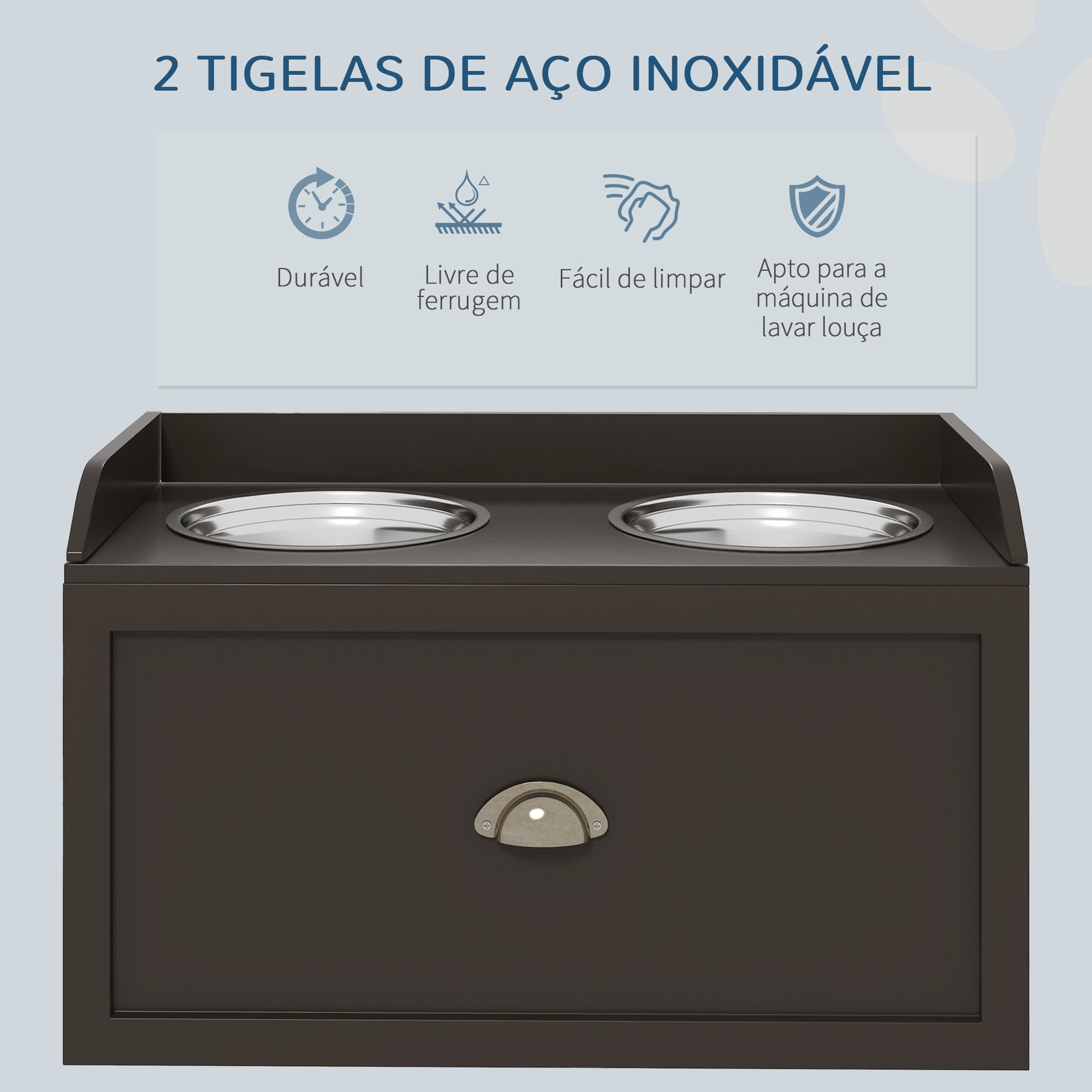 Comedouro elevado para cães com 2 tigelas 2000ml de aço inoxidável gaveta oculta com suporte de madeira 60x30x36cm marrom escuro