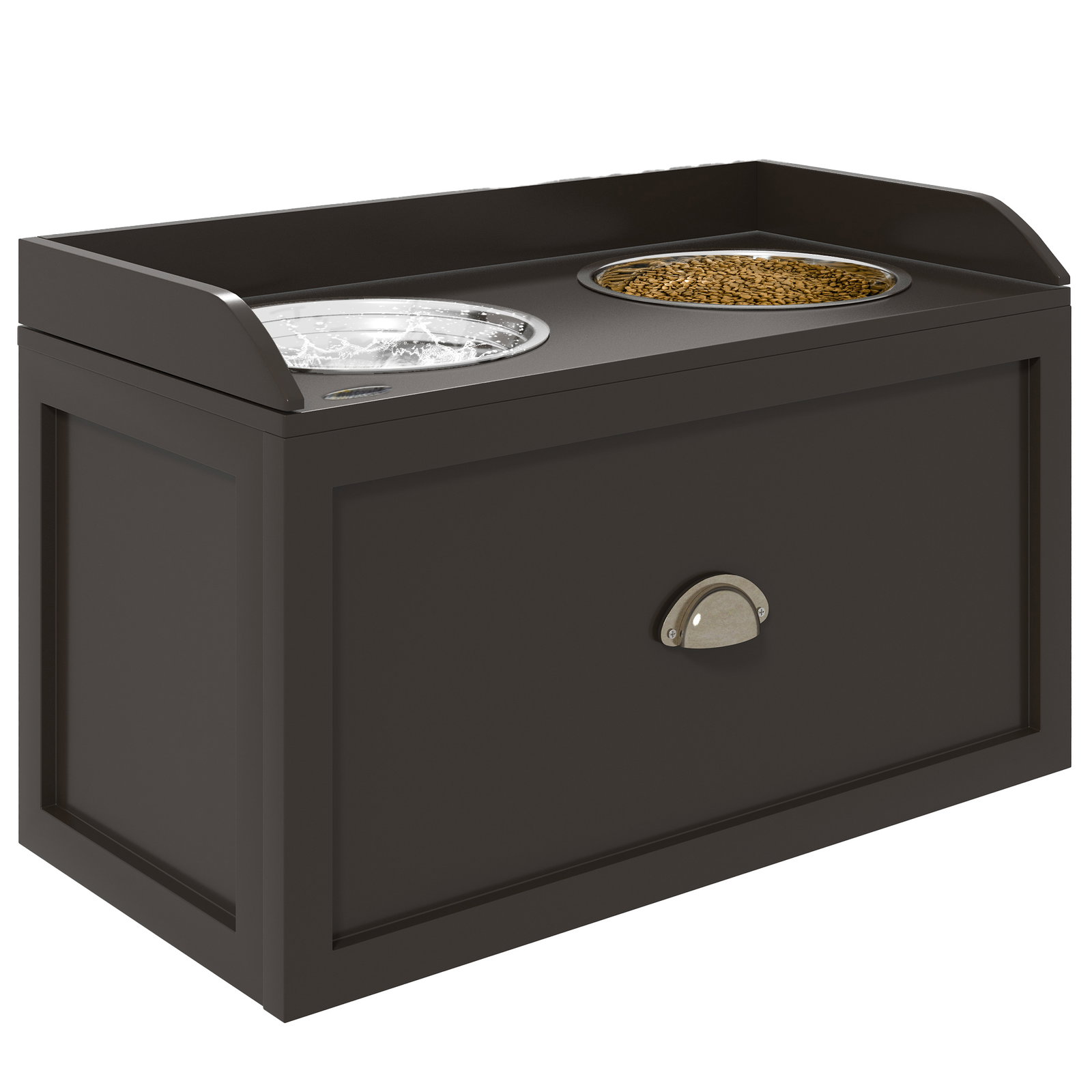 Comedouro elevado para cães com 2 tigelas 2000ml de aço inoxidável gaveta oculta com suporte de madeira 60x30x36cm marrom escuro