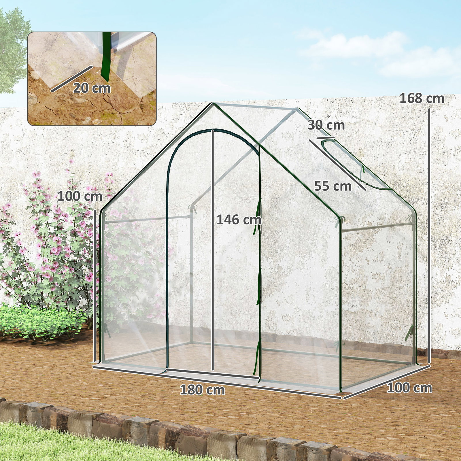 Estufa com janela porta estrutura de aço e cobertura de plástico impermeável anti-UV 180x100x168 cm transparente