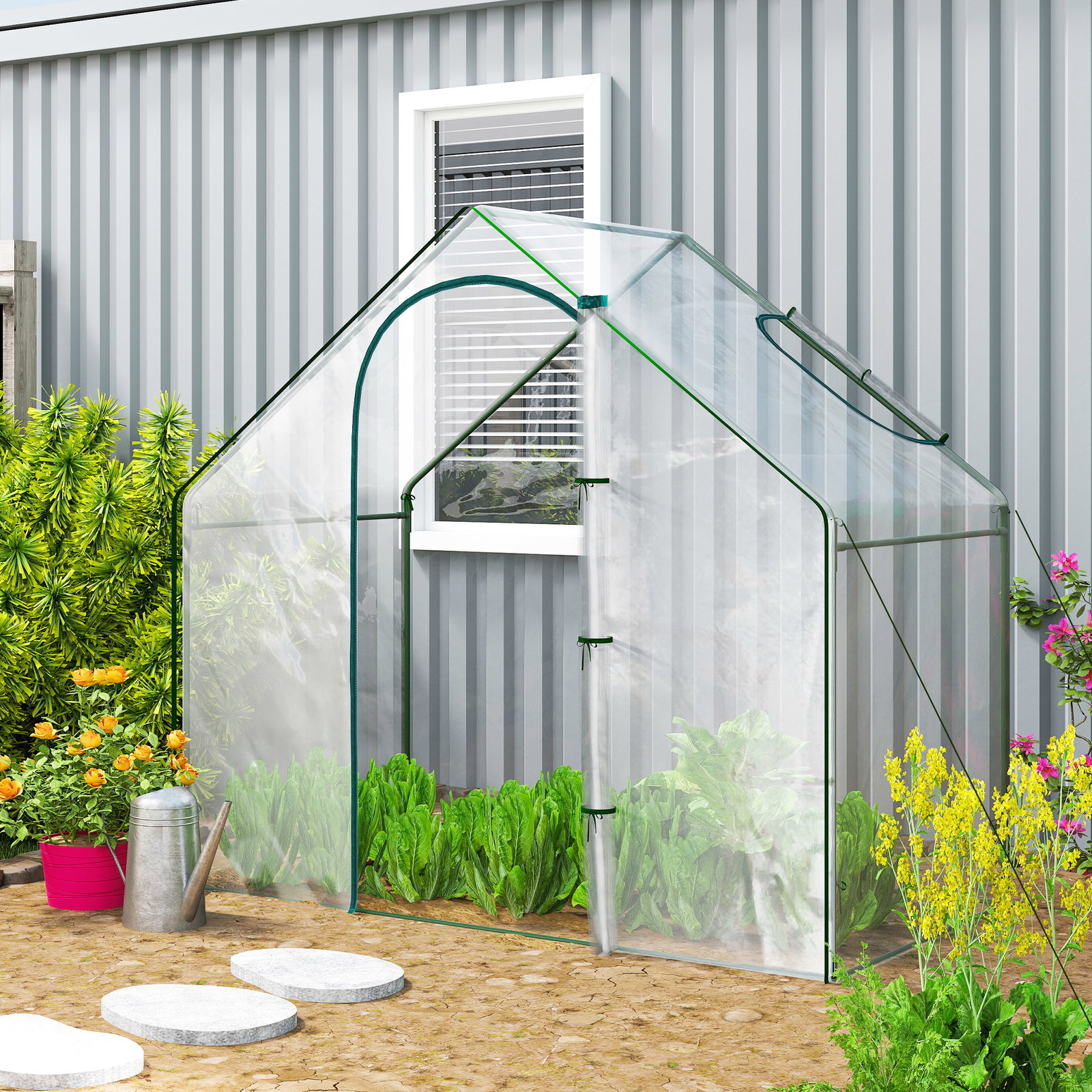 Estufa com janela porta estrutura de aço e cobertura de plástico impermeável anti-UV 180x100x168 cm transparente