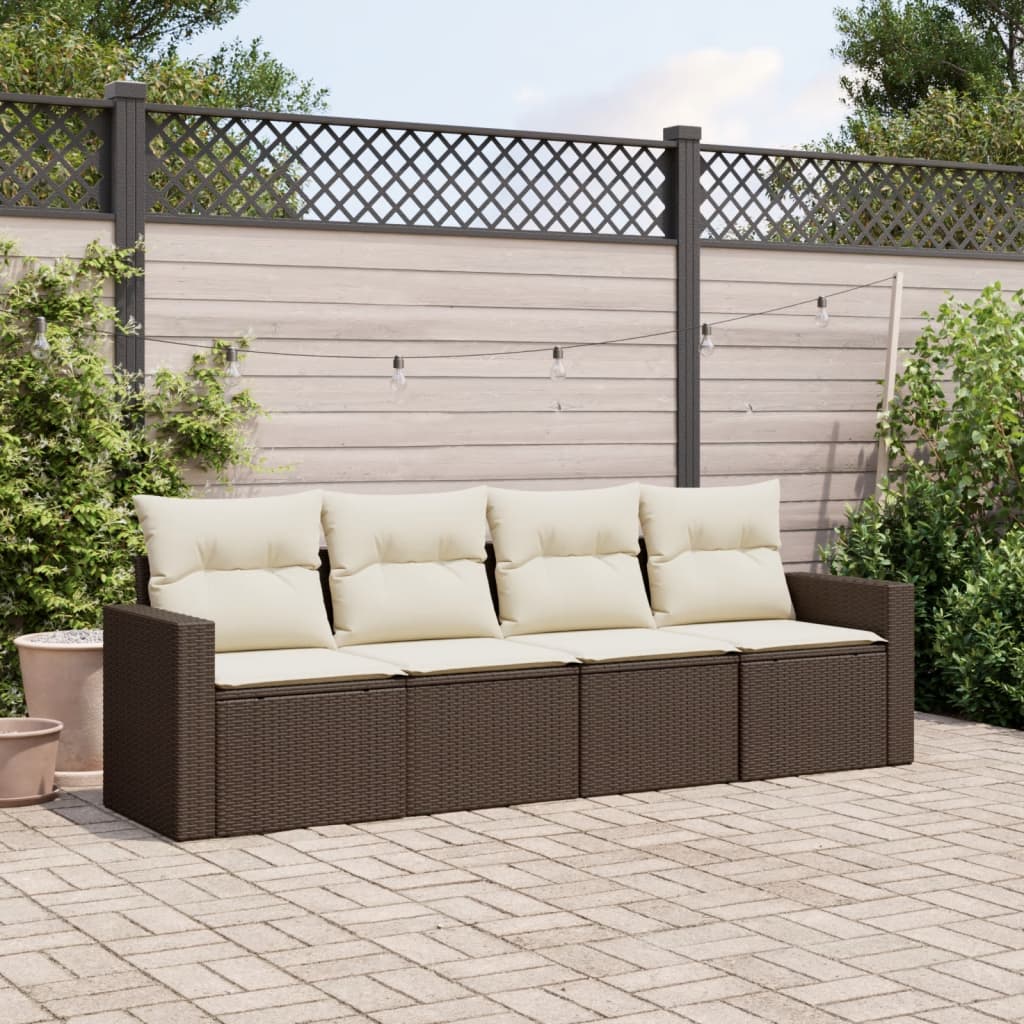 4 Pcs conjunto sofás de jardim c/ almofadões vime PE castanho