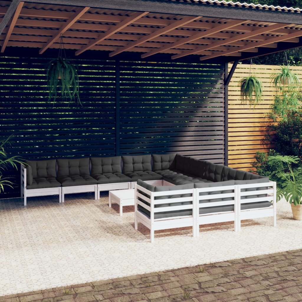 12 Pcs conjunto lounge de jardim c/ almofadões pinho branco