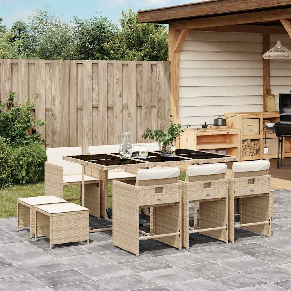 11 Pcs conjunto de jantar p/ jardim com almofadões vime PE bege