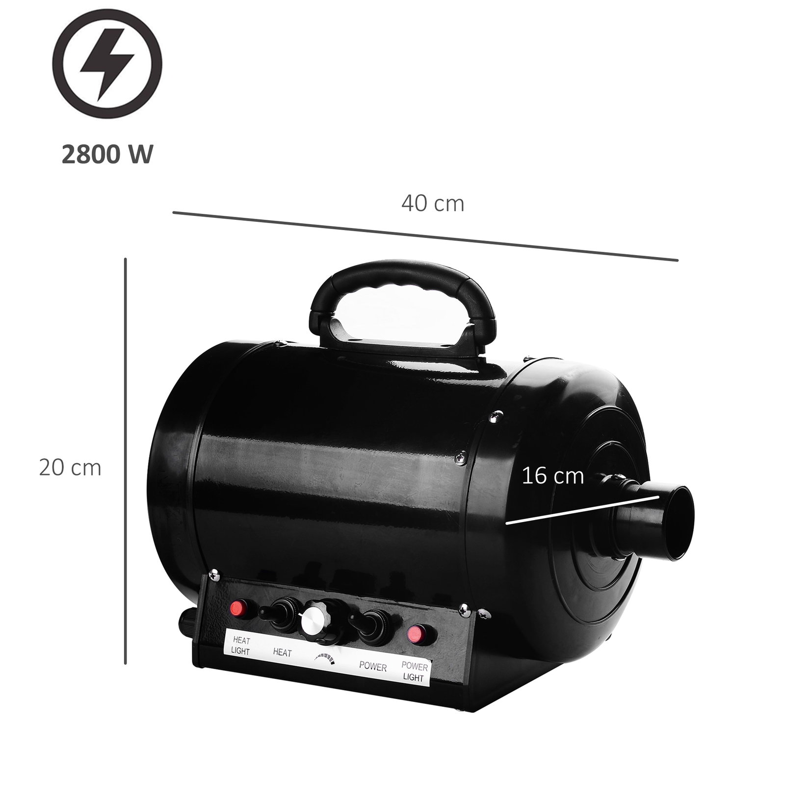 Secado de pelo para cães 2800w secador de pelo para animais de estimação com temperatura e velocidade ajustável 3 bicos tubo flexível 2,5m e alça de transporte 40x16x20cm preto