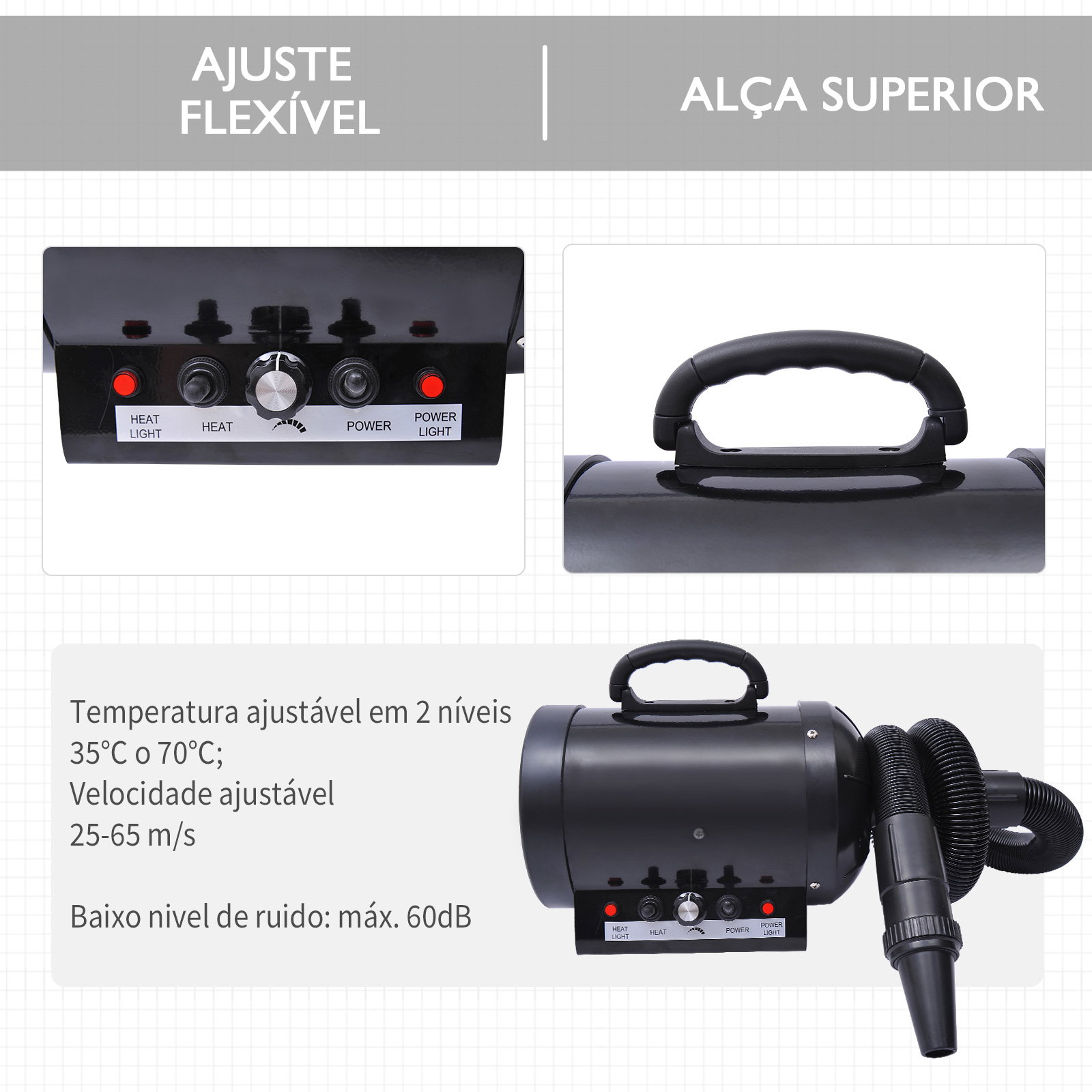 Secado de pelo para cães 2800w secador de pelo para animais de estimação com temperatura e velocidade ajustável 3 bicos tubo flexível 2,5m e alça de transporte 40x16x20cm preto