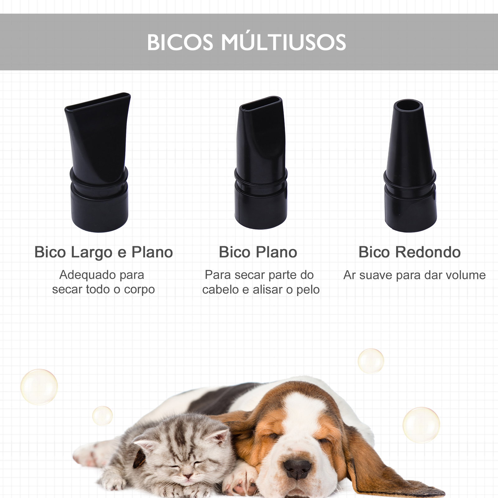 Secado de pelo para cães 2800w secador de pelo para animais de estimação com temperatura e velocidade ajustável 3 bicos tubo flexível 2,5m e alça de transporte 40x16x20cm preto