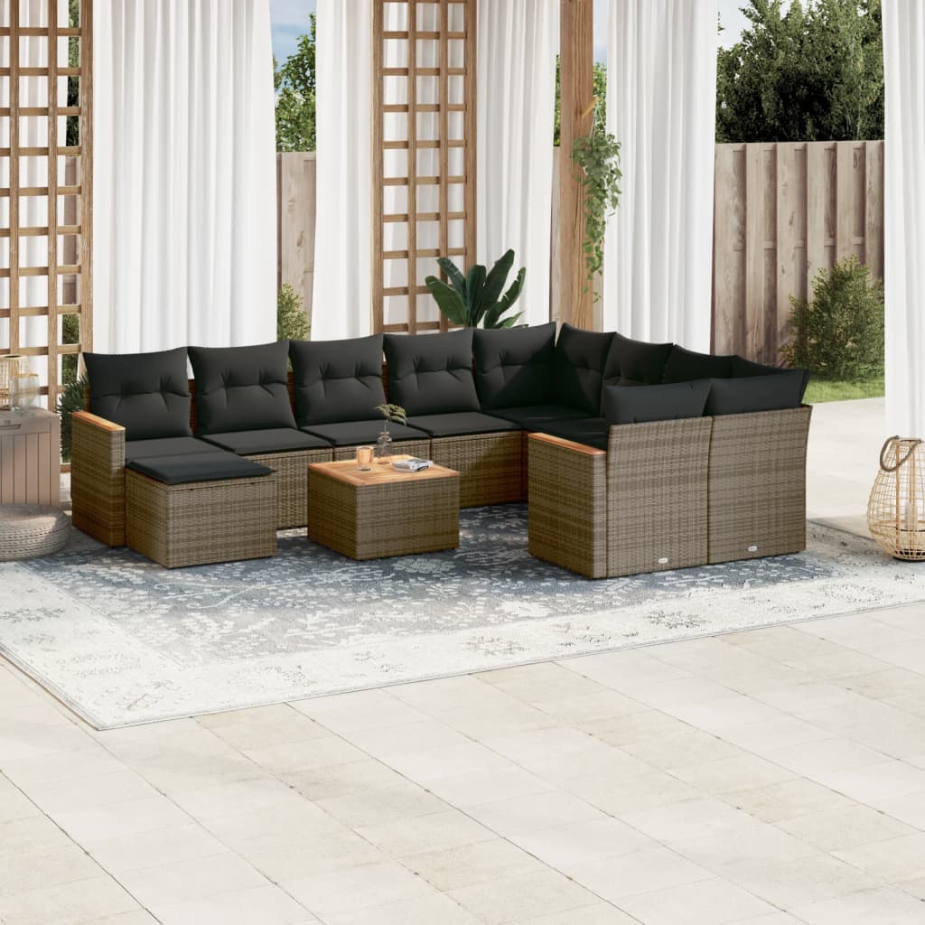 11 Pcs conjunto sofás de jardim c/ almofadões vime PE cinzento