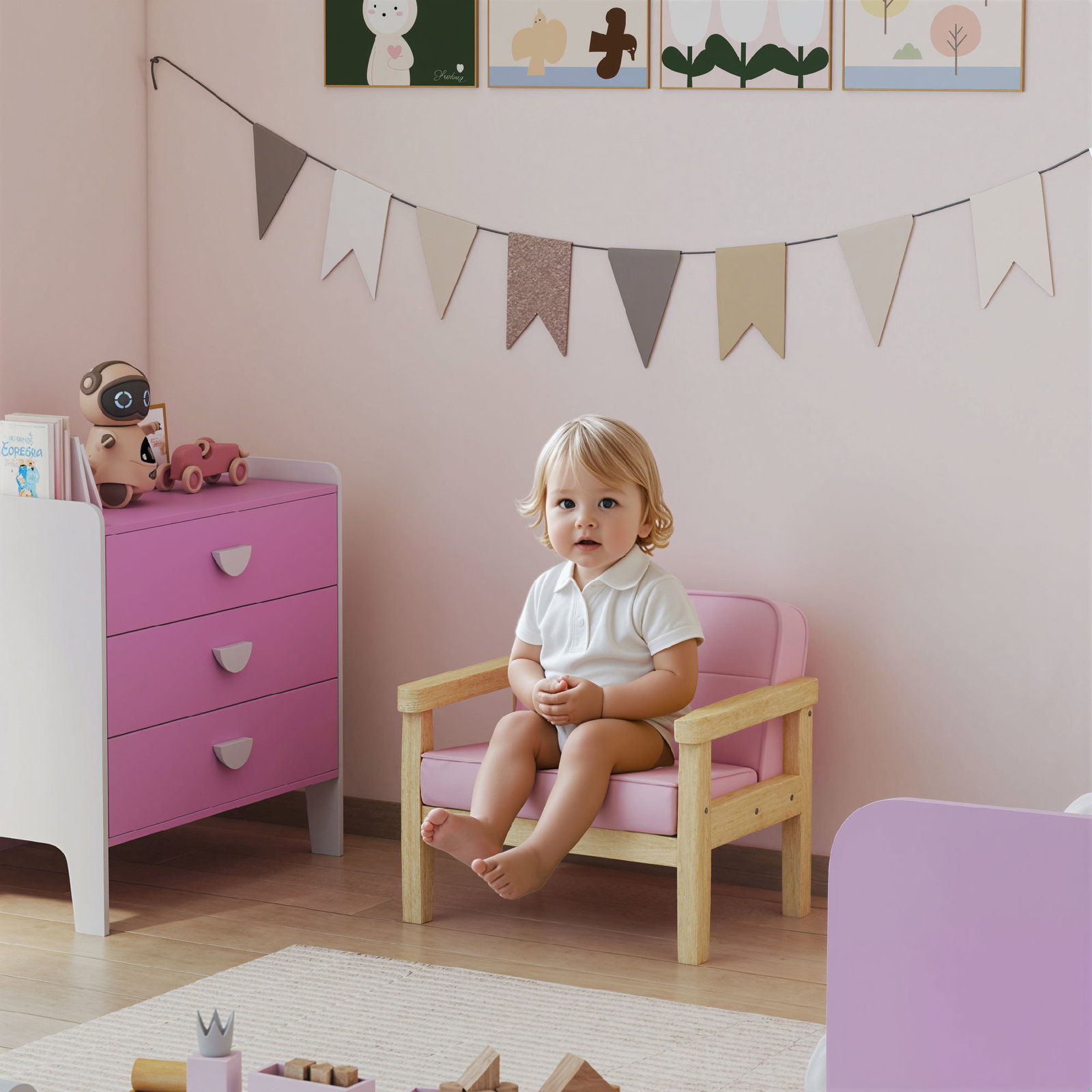 Poltrona infantil sofá para crianças acima de 3 anos com tecido suave de veludo cotelê estrutura de madeira 46,5x44x45 cm rosa