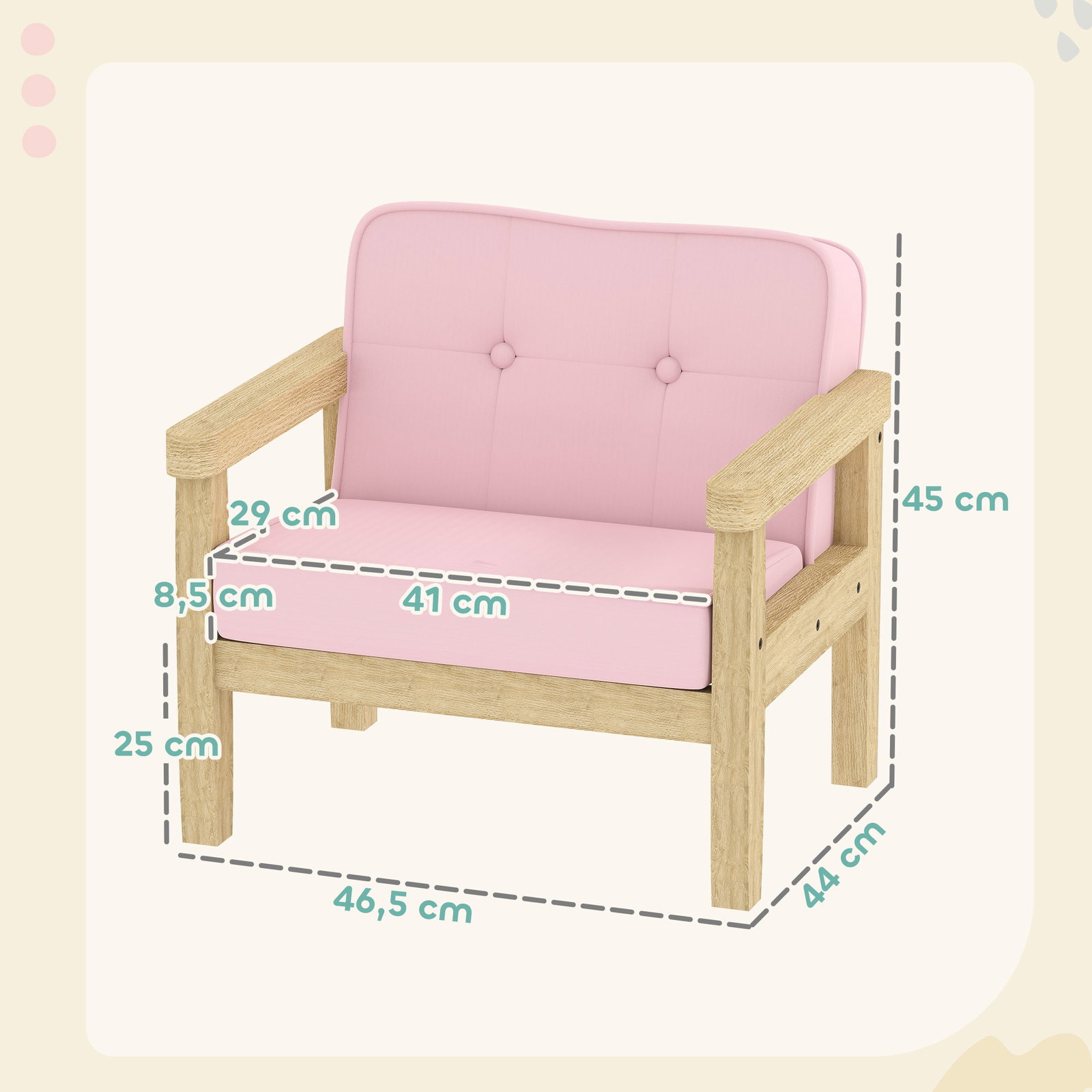 Poltrona infantil sofá para crianças acima de 3 anos com tecido suave de veludo cotelê estrutura de madeira 46,5x44x45 cm rosa