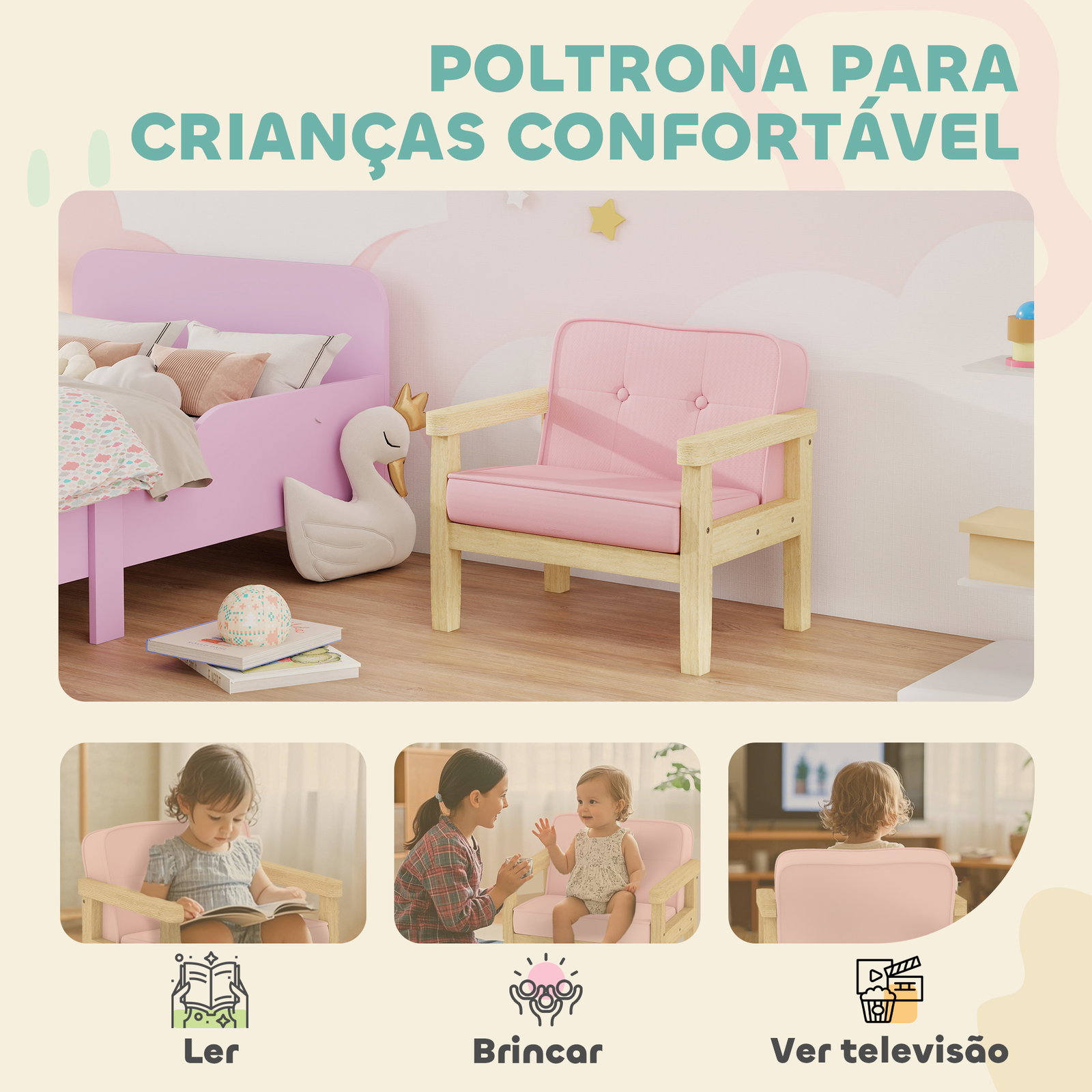 Poltrona infantil sofá para crianças acima de 3 anos com tecido suave de veludo cotelê estrutura de madeira 46,5x44x45 cm rosa