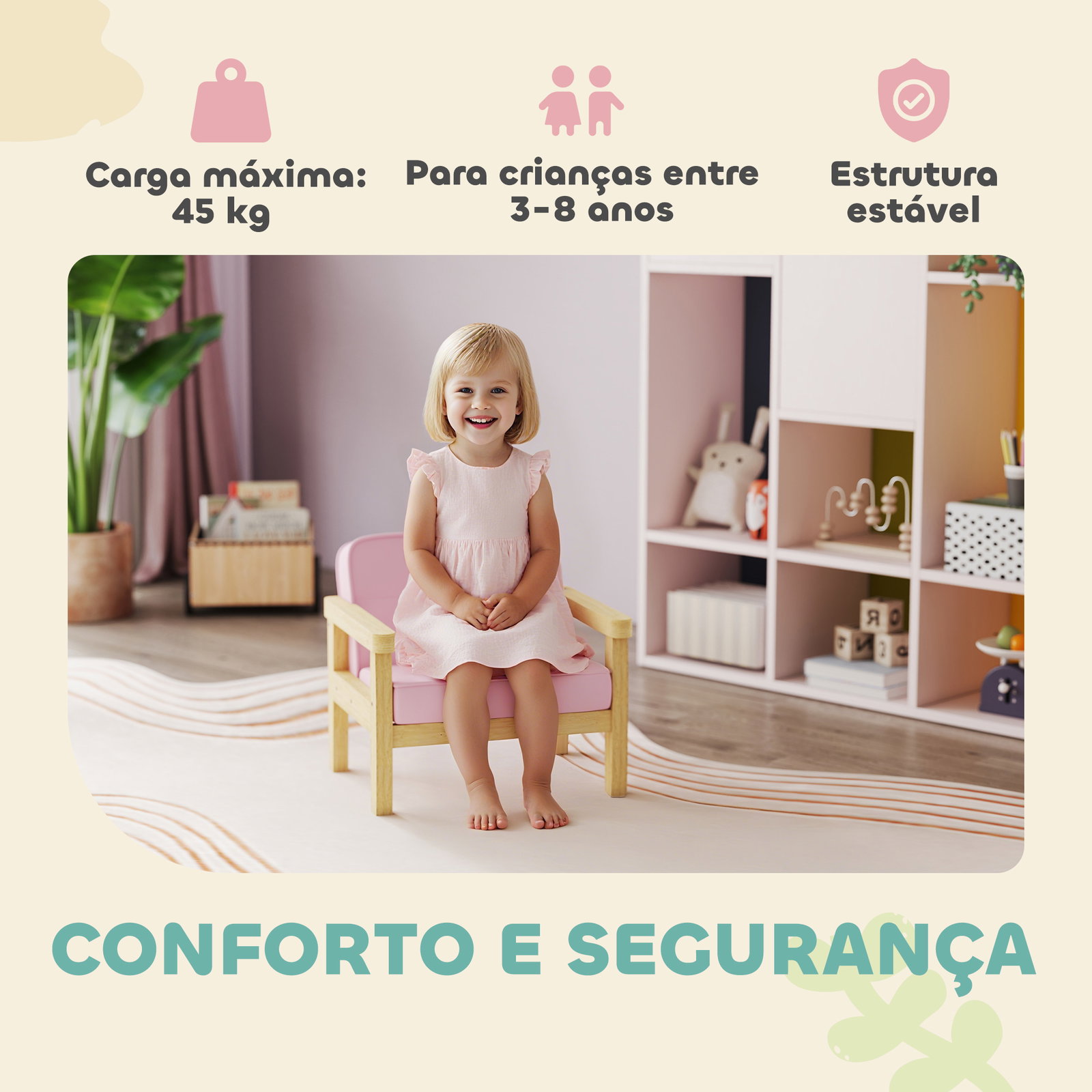 Poltrona infantil sofá para crianças acima de 3 anos com tecido suave de veludo cotelê estrutura de madeira 46,5x44x45 cm rosa