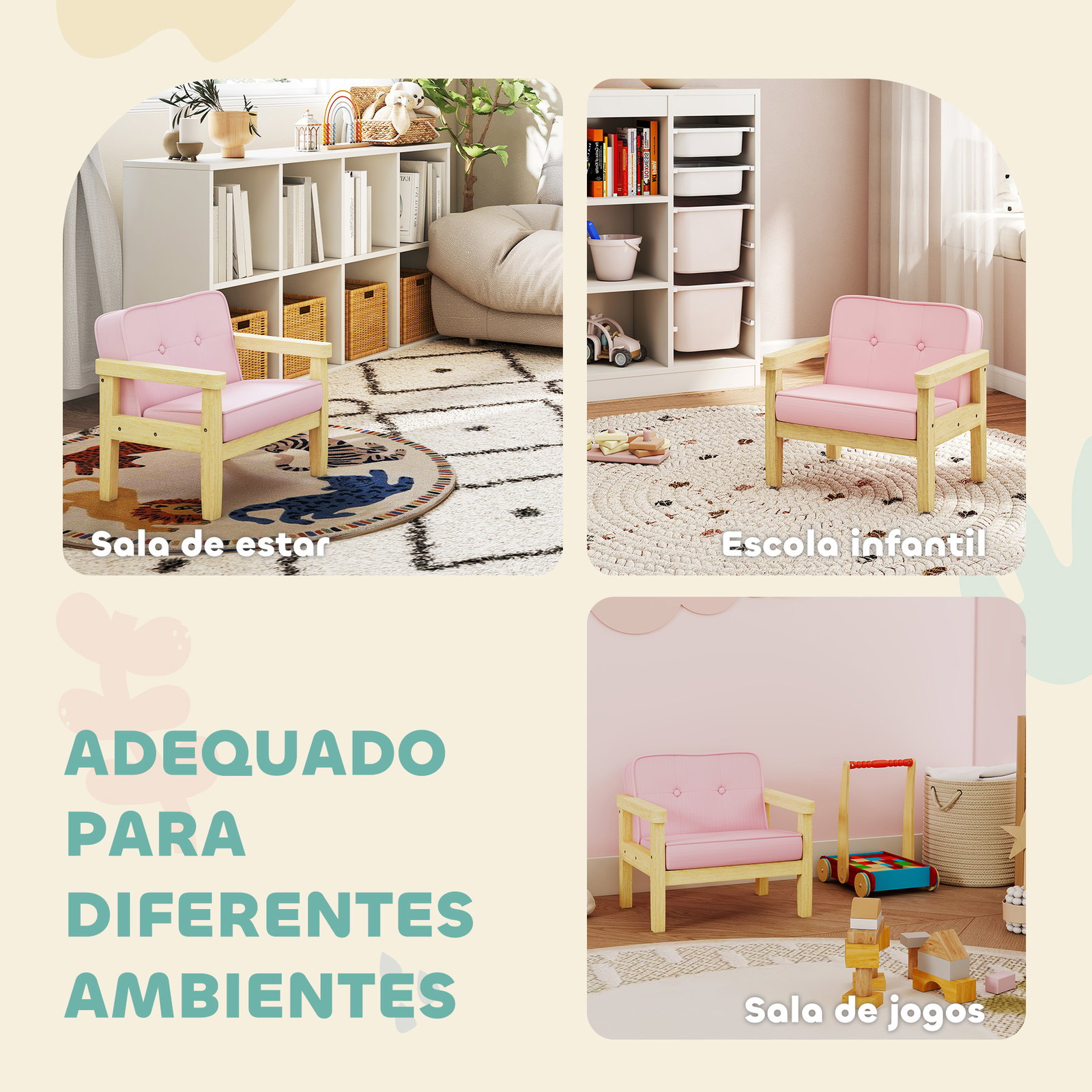 Poltrona infantil sofá para crianças acima de 3 anos com tecido suave de veludo cotelê estrutura de madeira 46,5x44x45 cm rosa