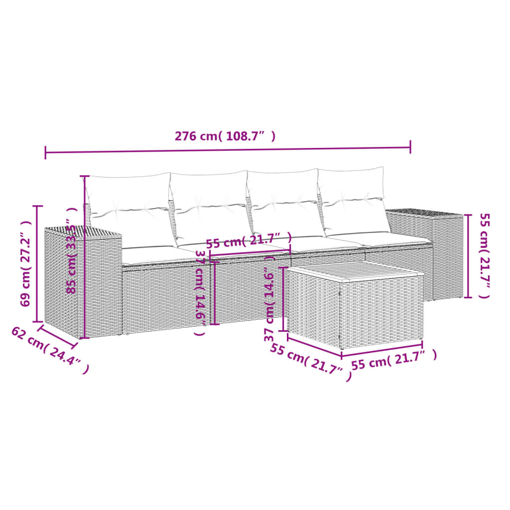 5 Pcs conjunto de sofás p/ jardim com almofadões vime PE bege