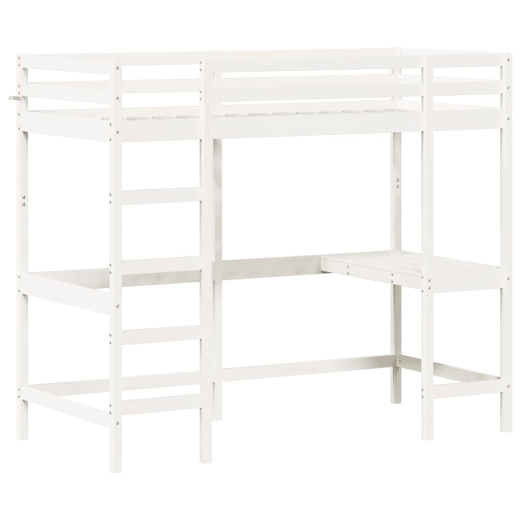 Cama alta com secretária 90x200 cm pinho maciço branco