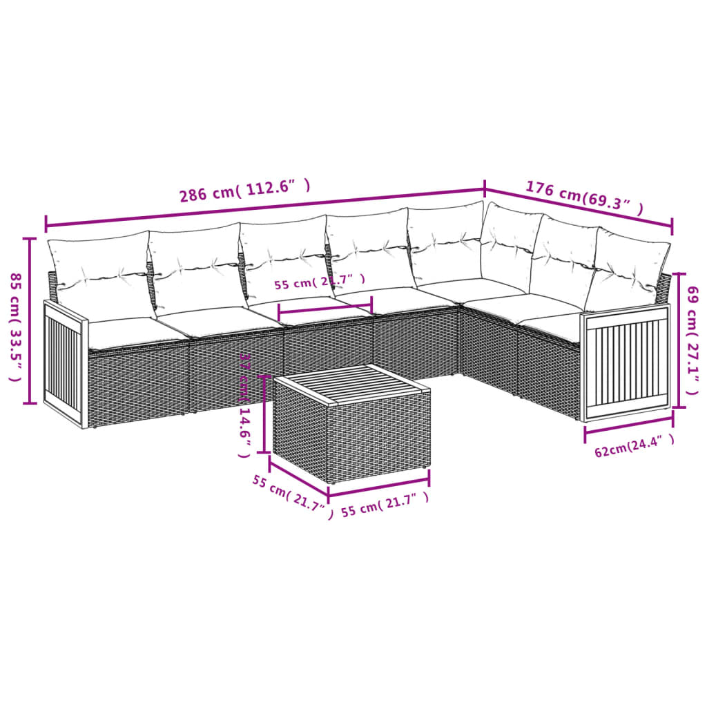 8 Pcs conjunto sofás de jardim com almofadões vime PE preto