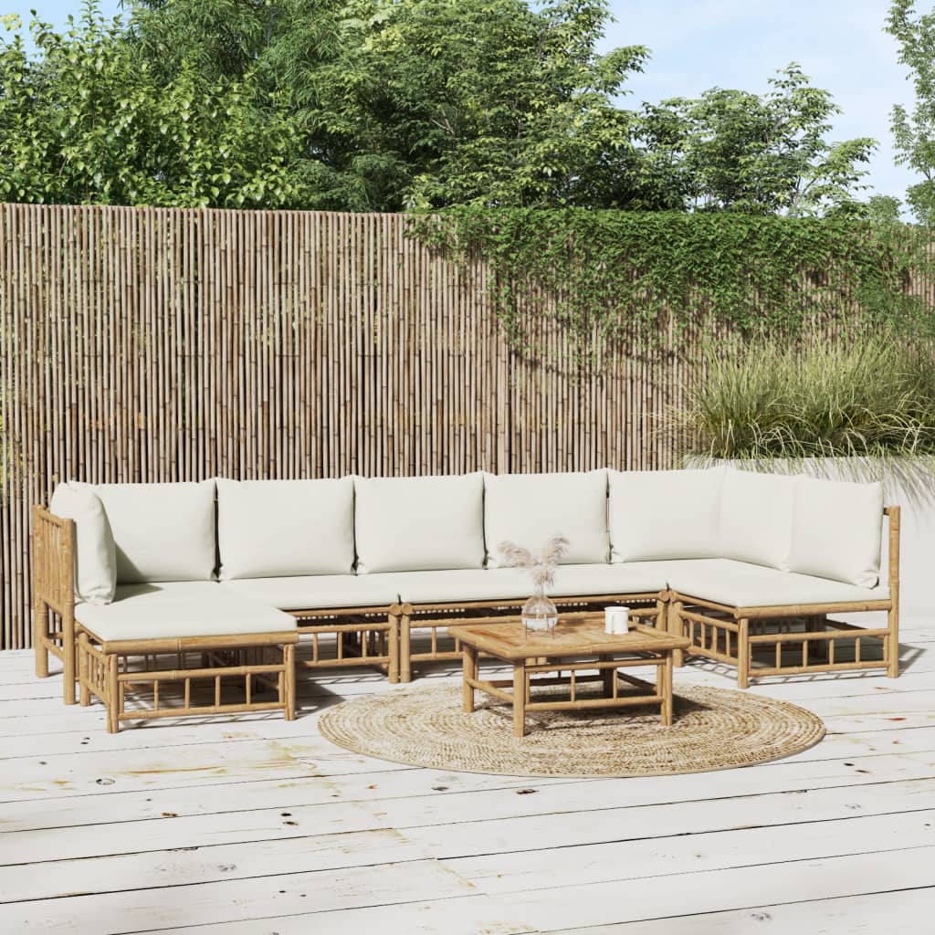 8 Pcs conjunto lounge de jardim bambu c/ almofadões branco nata