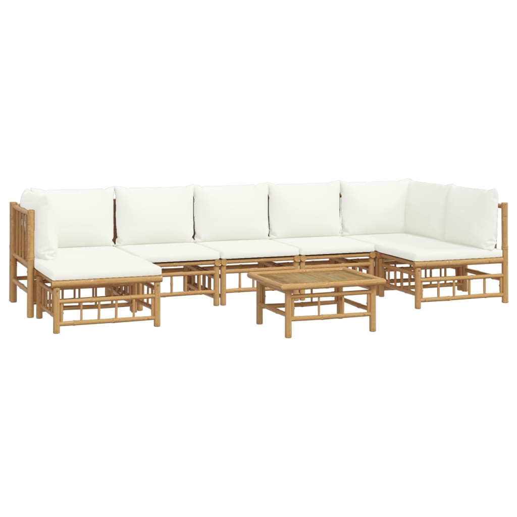 8 Pcs conjunto lounge de jardim bambu c/ almofadões branco nata