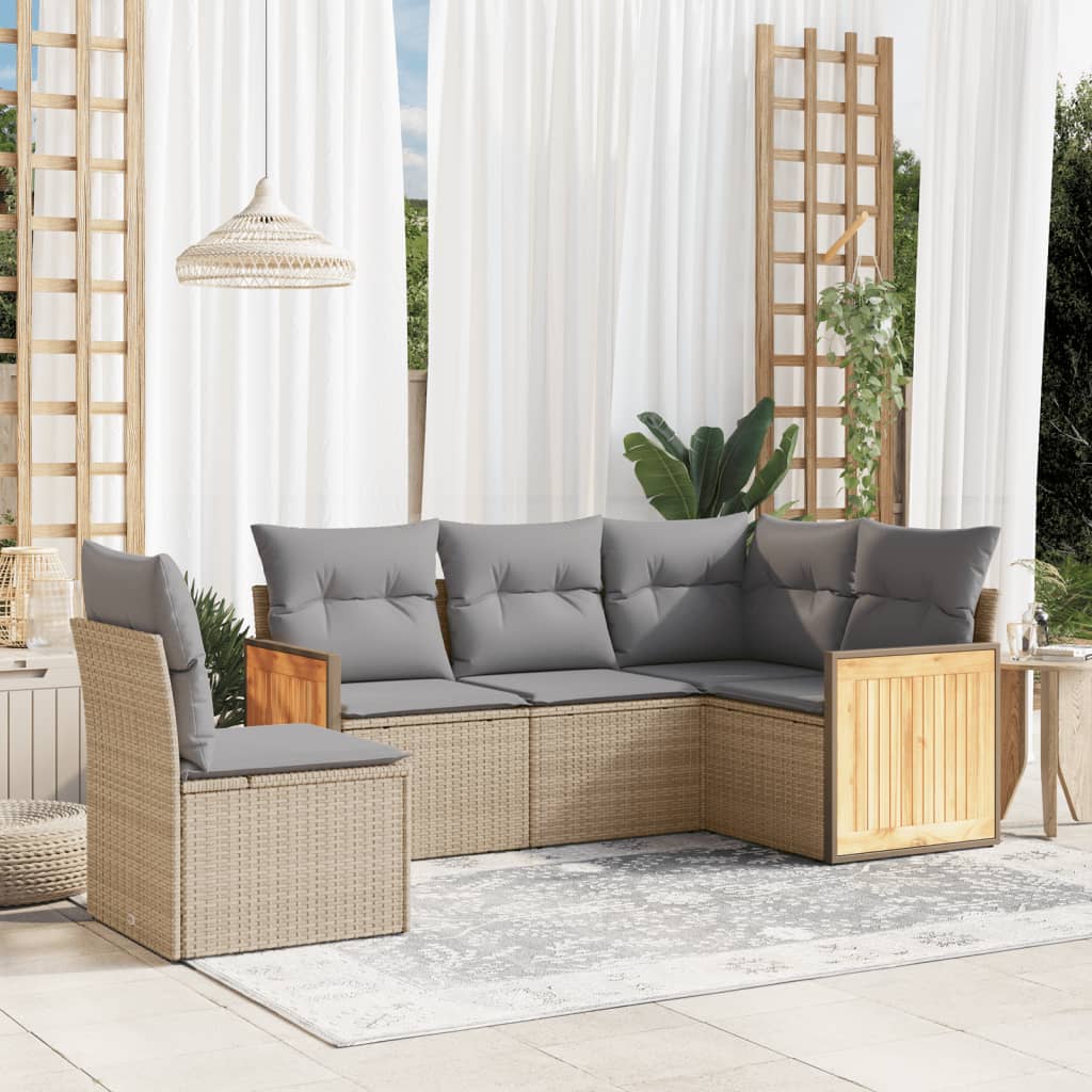 5 Pcs conjunto de sofás p/ jardim com almofadões vime PE bege