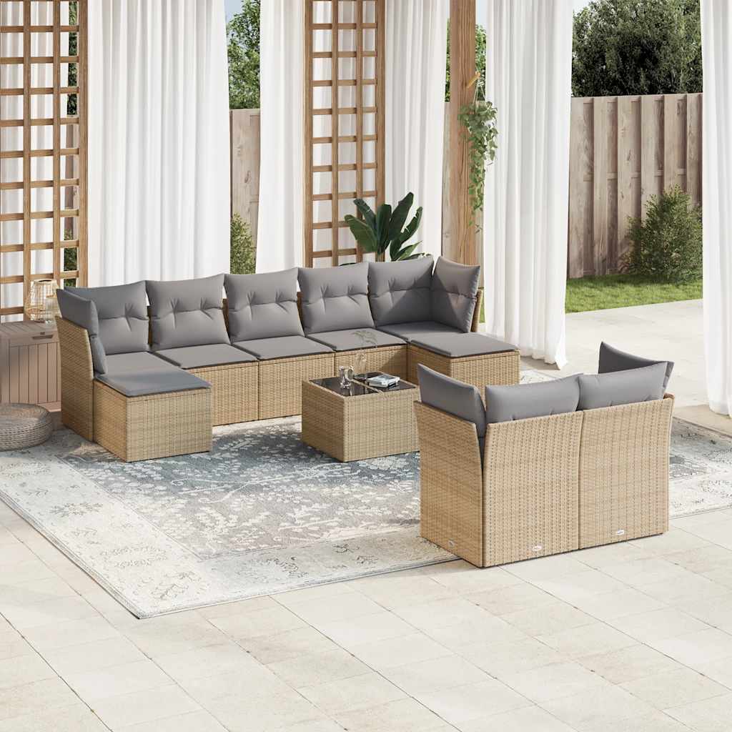 10 Pcs conjunto de sofás p/ jardim com almofadões vime PE bege