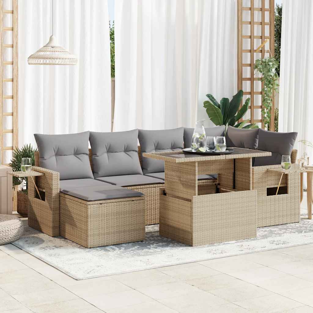 7 Pcs conjunto de sofás p/ jardim com almofadões vime PE bege