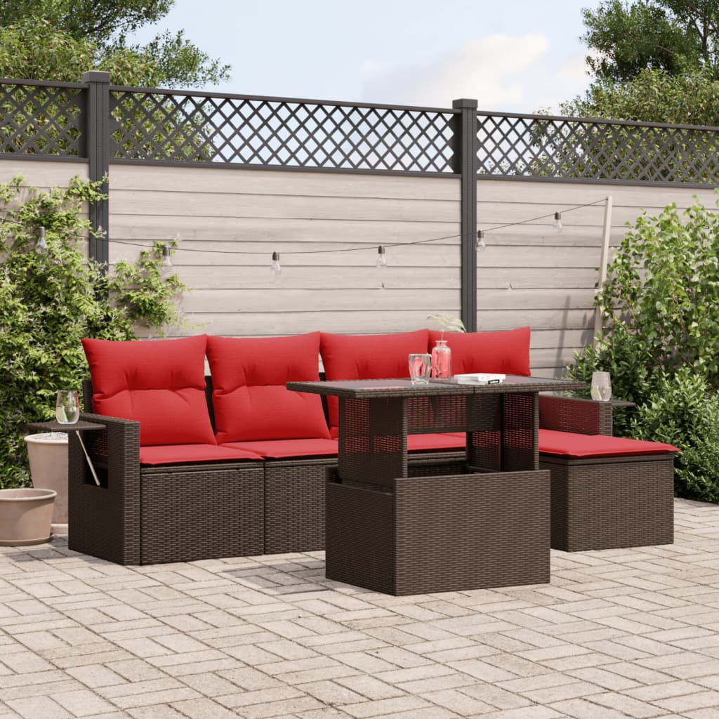 Conjunto de sofá de jardim com 6 peças e almofadas em rattan sintético marrom