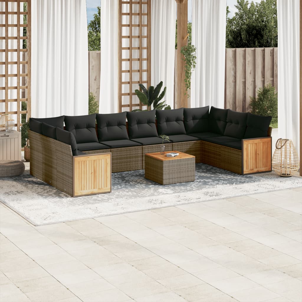 11 Pcs conjunto sofás de jardim c/ almofadões vime PE cinzento