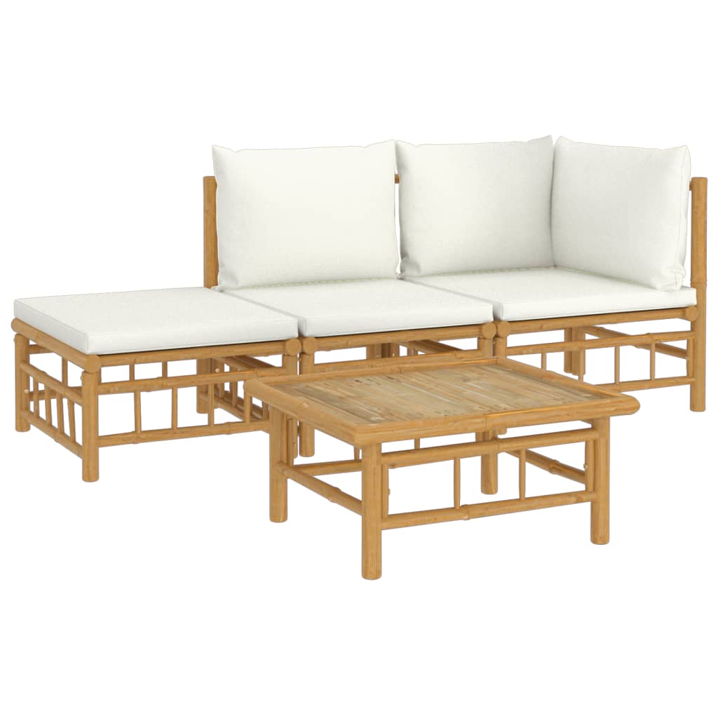 4 Pcs conjunto lounge de jardim bambu c/ almofadões branco nata