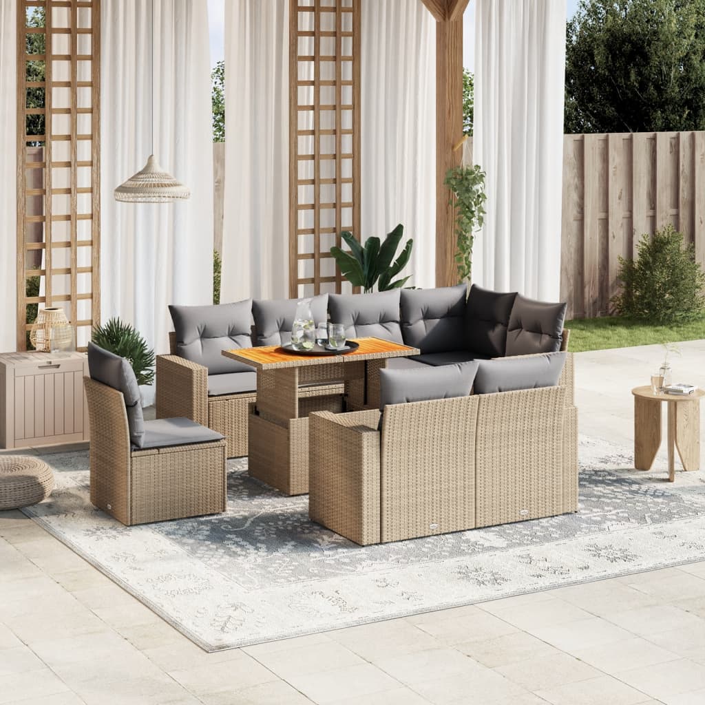 9 Pcs conjunto de sofás p/ jardim com almofadões vime PE bege