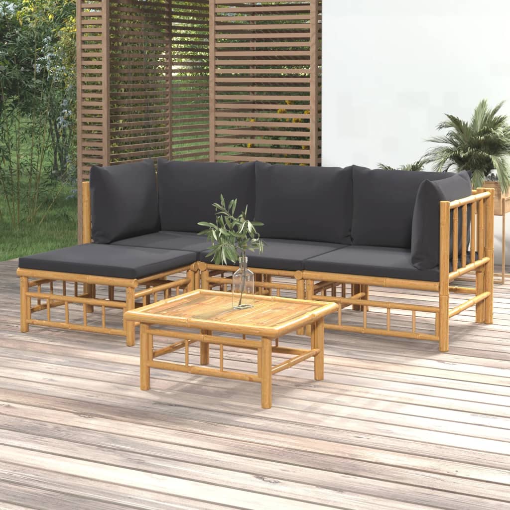 5 Pcs conjunto lounge jardim bambu c/ almofadões cinza-escuro