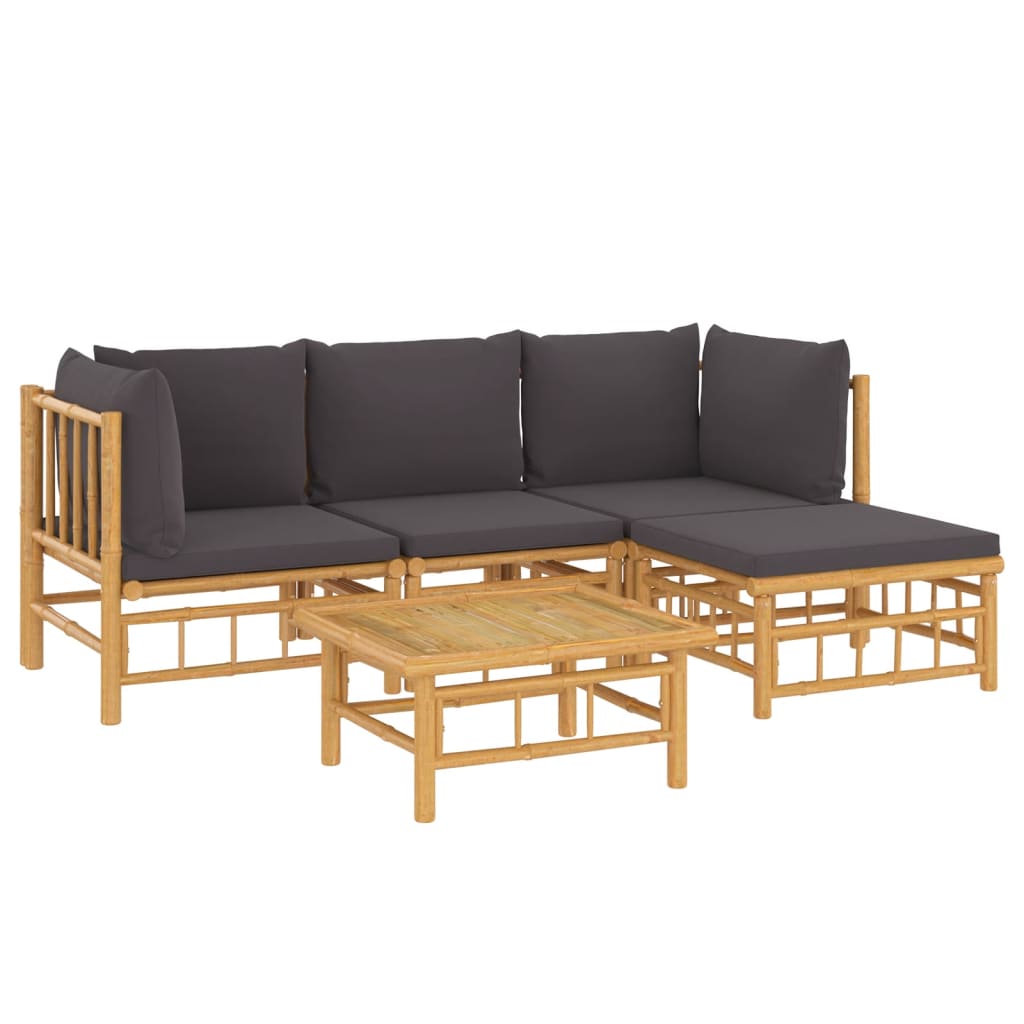 5 Pcs conjunto lounge jardim bambu c/ almofadões cinza-escuro