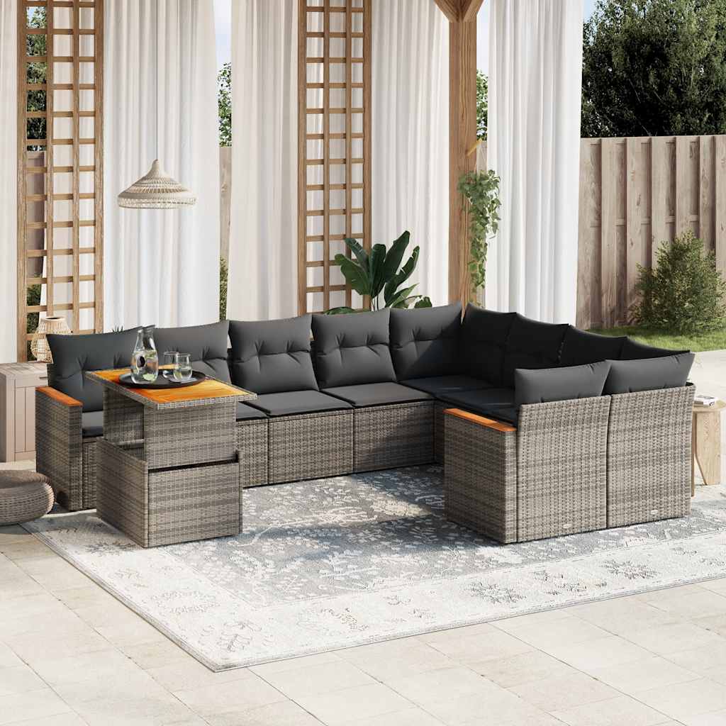 10 Pcs conjunto sofás de jardim c/ almofadões vime PE cinzento