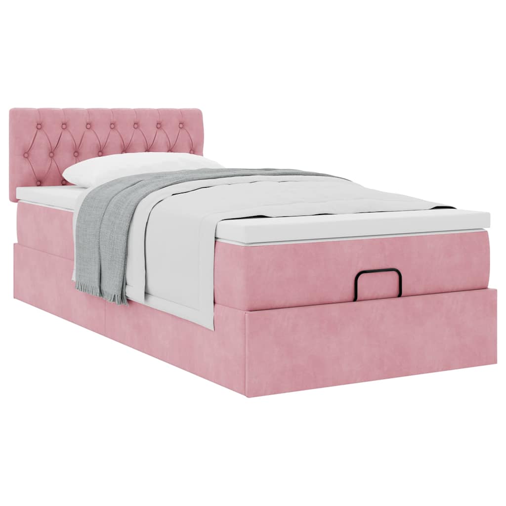 Estrutura de cama otomana com colchão rosa 90x200cm veludo