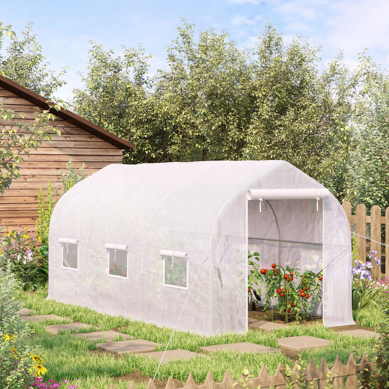 Estufa Tipo Túnel 400x200x200cm Estufa de Jardim com 6 Janelas Transpiráveis e Portas Enrolável com Zíper para Cultivo de Planta