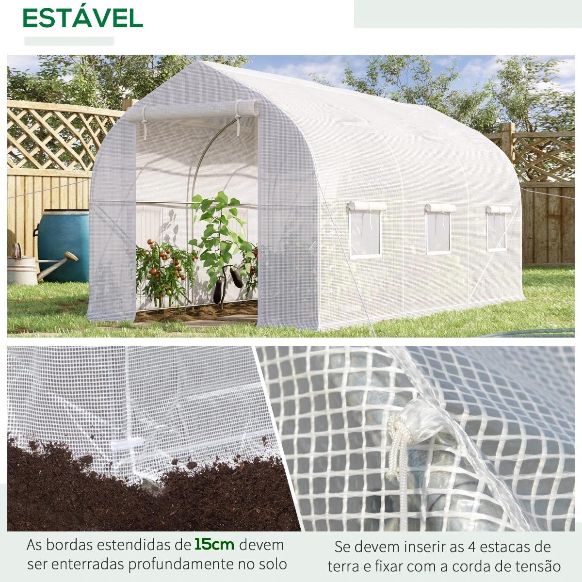 Estufa Tipo Túnel 400x200x200cm Estufa de Jardim com 6 Janelas Transpiráveis e Portas Enrolável com Zíper para Cultivo de Planta