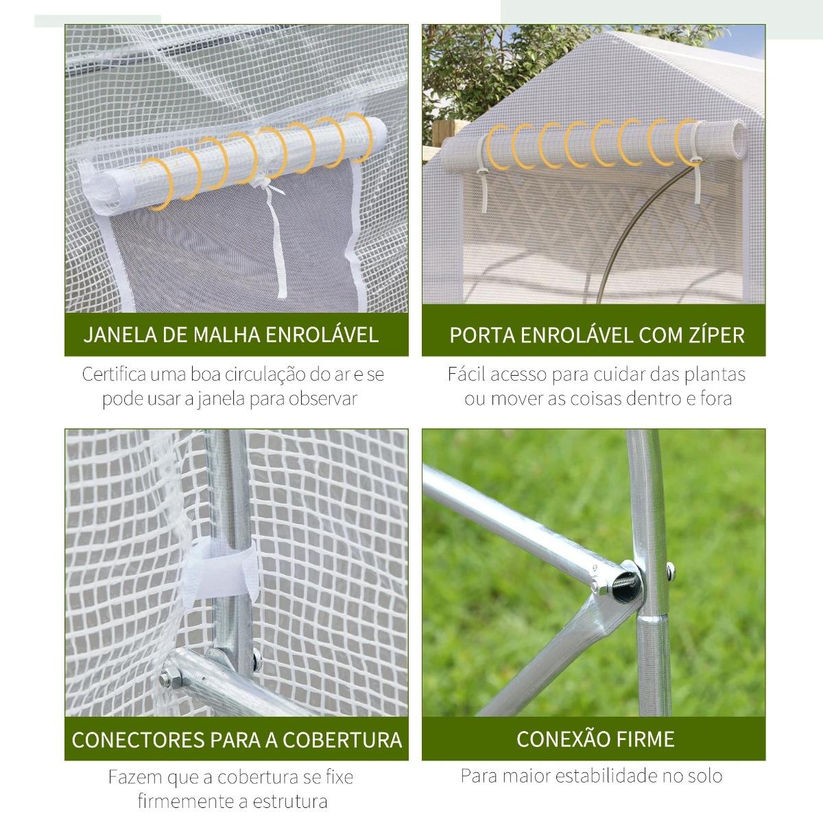 Estufa Tipo Túnel 400x200x200cm Estufa de Jardim com 6 Janelas Transpiráveis e Portas Enrolável com Zíper para Cultivo de Planta