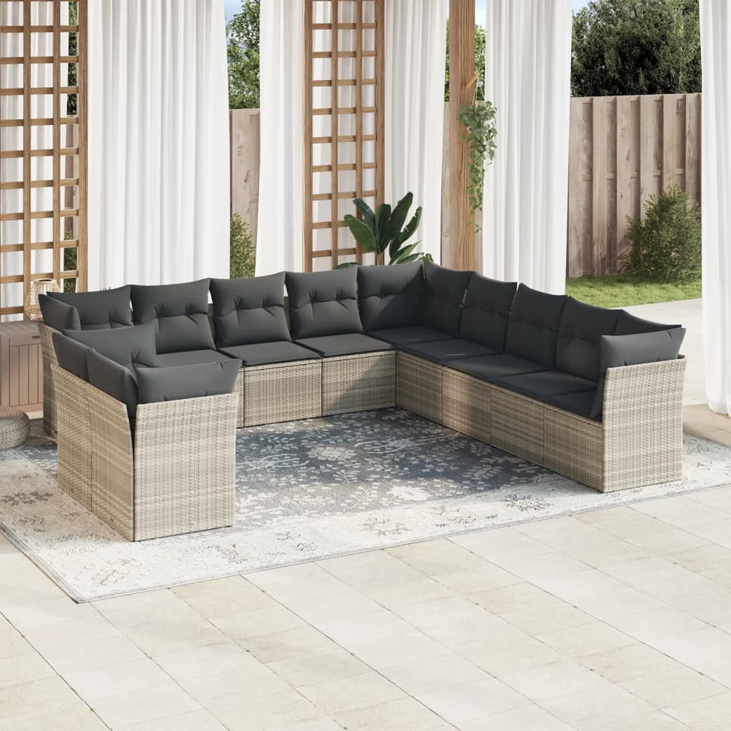 11 Pcs conjunto sofás de jardim c/ almofadões vime PE cinzento